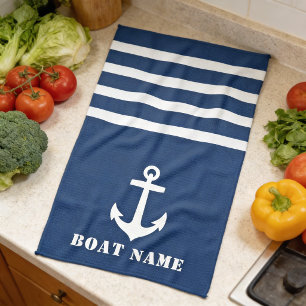 Linge De Cuisine Ancre classique nautique Votre nom de bateau Navy 