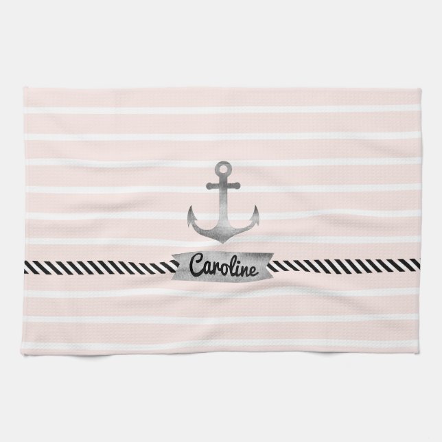 Linge De Cuisine Ancre d'aquarelle gris clair rose rayures (Horizontal)