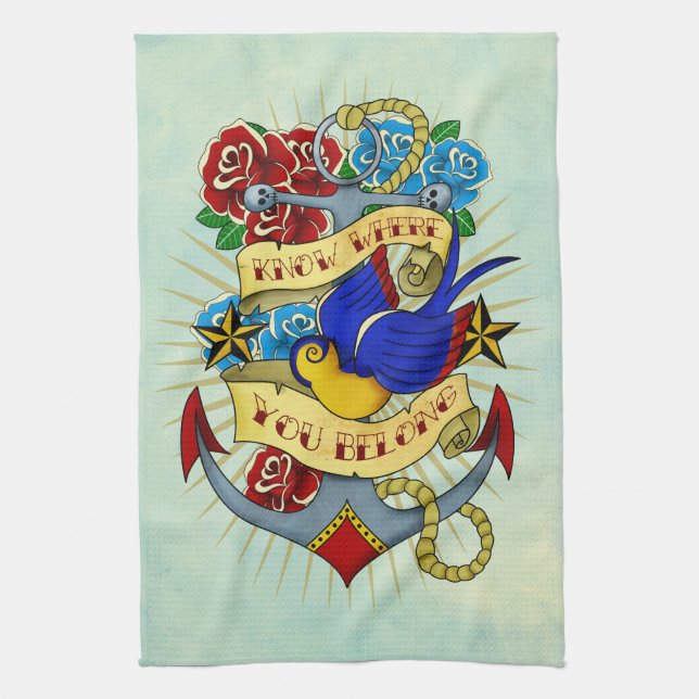 Linge De Cuisine Ancre, hirondelle et roses (Vertical)