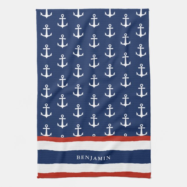 Linge De Cuisine Ancre marine personnalisée bleu rouge blanc (Vertical)