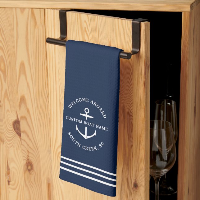 Linge De Cuisine Ancre moderne Nautical Custom Boat Name Bienvenue (Pliage en tiers)