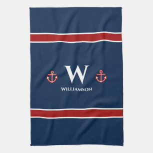 Linge De Cuisine Ancre Monogramme Bleu Bleu Bleu Rouge Nautique