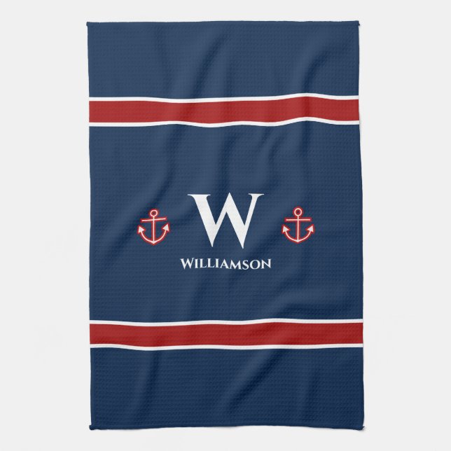 Linge De Cuisine Ancre Monogramme Bleu Bleu Bleu Rouge Nautique (Vertical)
