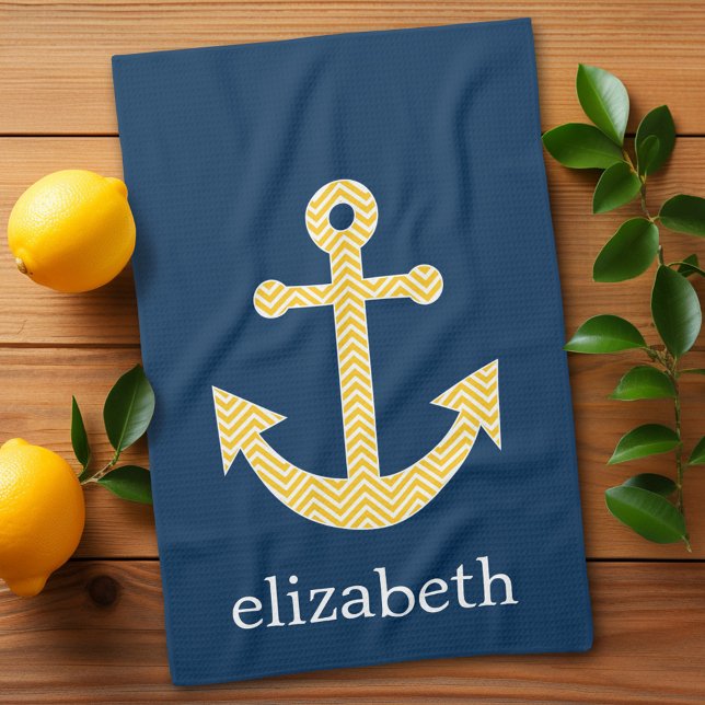 Linge De Cuisine Ancre nautique avec Motif de Navy Jaune Chevron (Trendy anchor kitchen towel in nautical blue and yellow - add a  name)