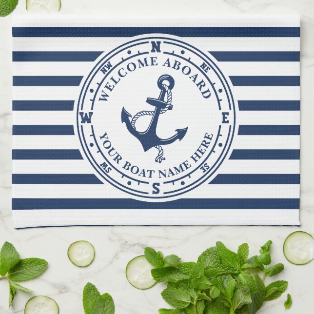 Linge De Cuisine Ancre nautique Compass Striped Boat Name (Plié)