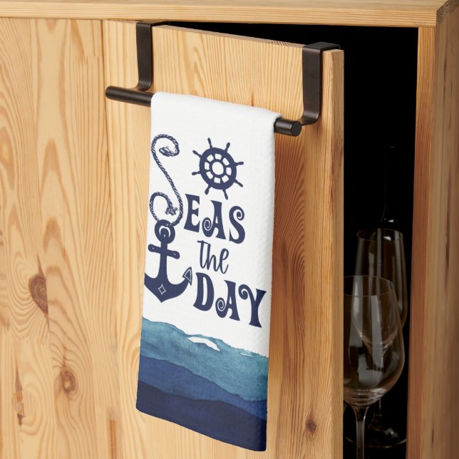 Linge De Cuisine Ancre nautique LE JOUR Marine Bleu Blanc (Pliage en tiers)