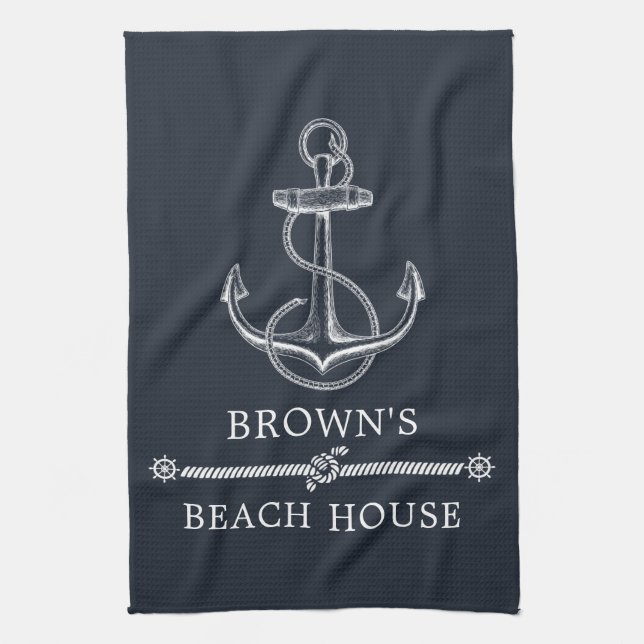 Linge De Cuisine Ancre nautique Nom de famille Plage ou Lake House (Vertical)