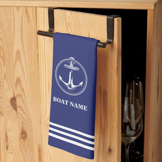 Linge De Cuisine Ancre nautique Nom du bateau Bleu marine (Pliage en tiers)