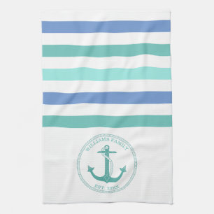 Linge De Cuisine Ancre Turquoise marine Bleu Bleu Blancs Nom de fam