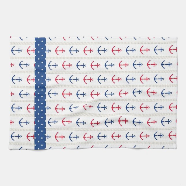 Linge De Cuisine Ancres nautiques Rouge Blanc Bleu (Horizontal)