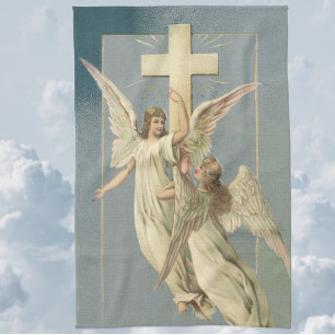 Linge De Cuisine Anges victoriens avec une croix, Pâques vintage