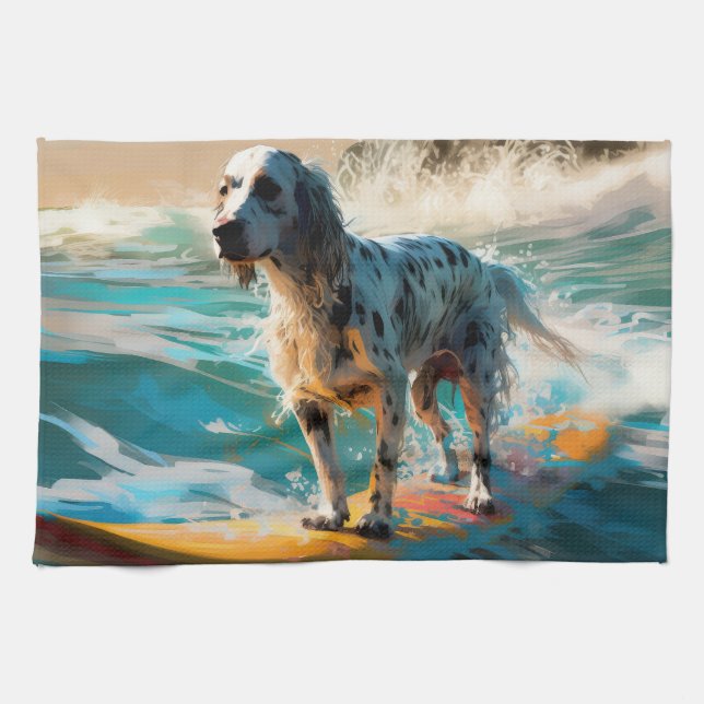 Linge De Cuisine Anglais Setter Beach Surfing Painting (Horizontal)