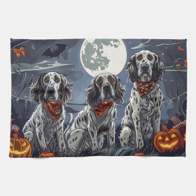 Linge De Cuisine Anglais Setter Halloween Éffrayant (Horizontal)