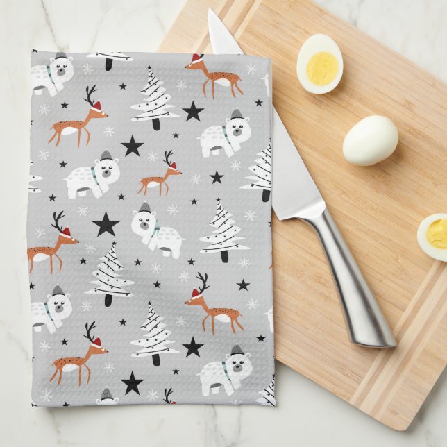 Linge De Cuisine Animaux boisés et arbres de Noël (Quart Plié)