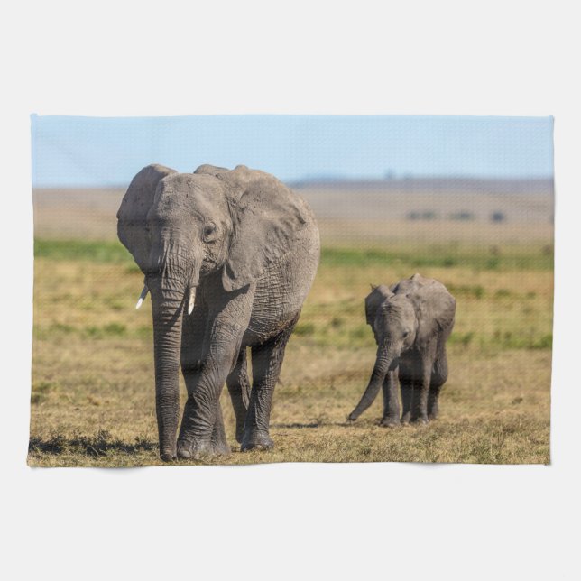 Linge De Cuisine Animaux de bébés cutest | Eléphant mère & bébé (Horizontal)