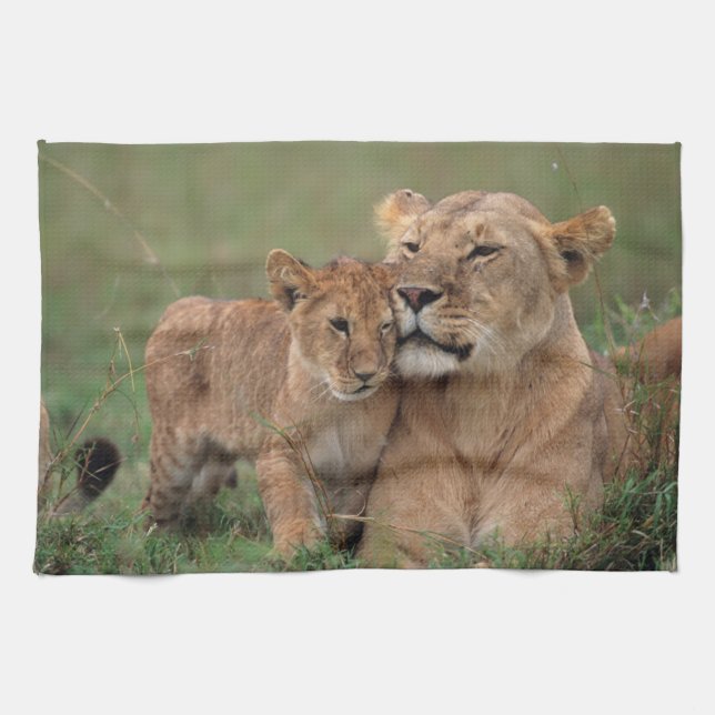 Linge De Cuisine Animaux de bébés cutest | Lion Cub & Mother (Horizontal)