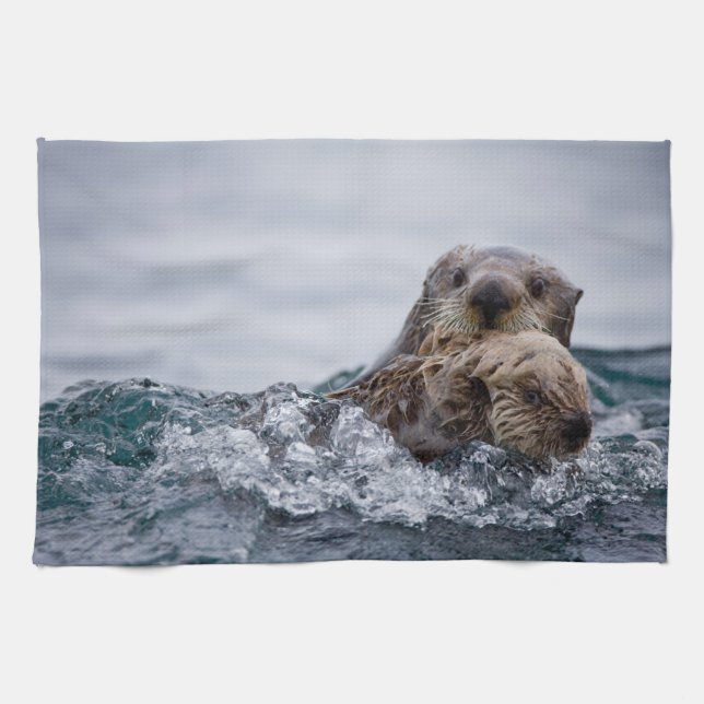 Linge De Cuisine Animaux de bébés cutest | Otter Baby & Mère (Horizontal)