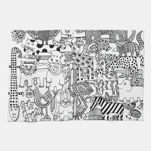 Linge De Cuisine Animaux sauvages Amusants Art moderne noir et blan (Horizontal)
