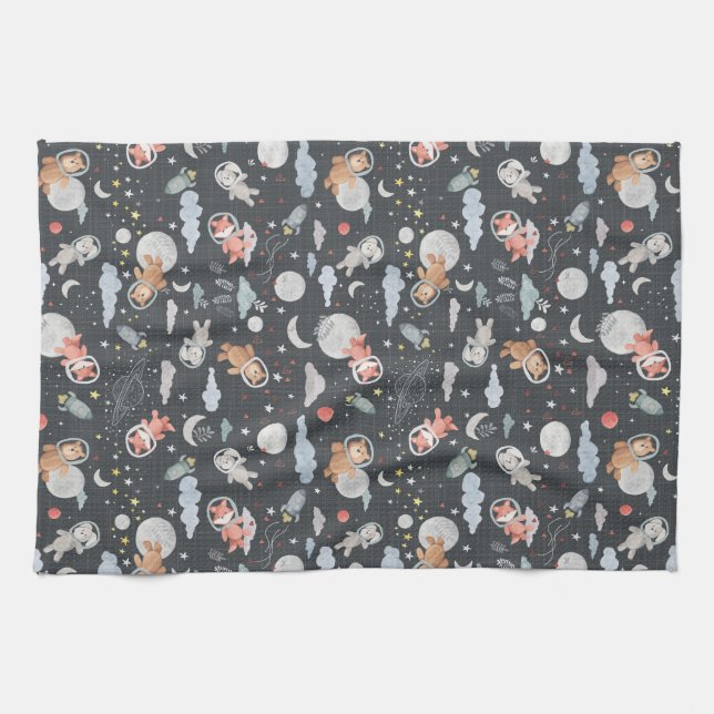 Linge De Cuisine Animaux spatiaux - texture bleu acier foncé (Horizontal)