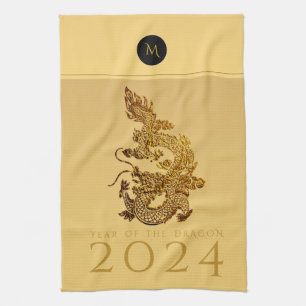 Linge De Cuisine Année Dragon Chinoise 2024 Élégant Monogramme KT