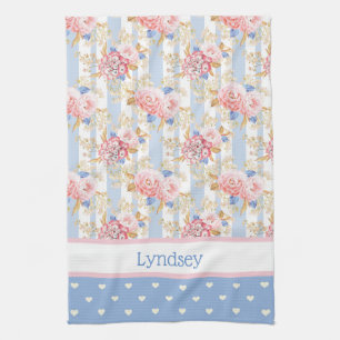 Linge De Cuisine Antique Cottage Rose & Coeurs Bleus et Blancs