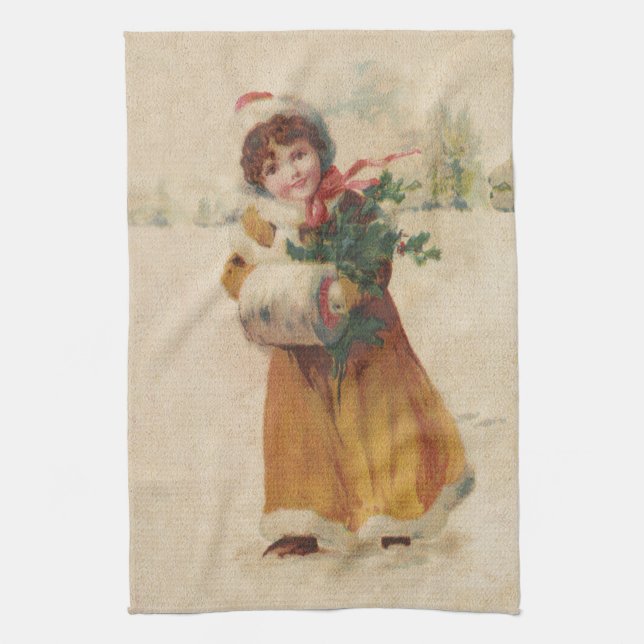 Linge De Cuisine Antique Fille de Noël Enfant d'hiver (Vertical)