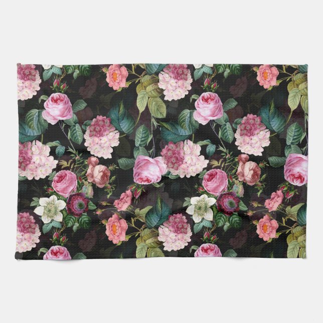 Linge De Cuisine Antique Nostalgique Redouté Rose noir Motif (Horizontal)