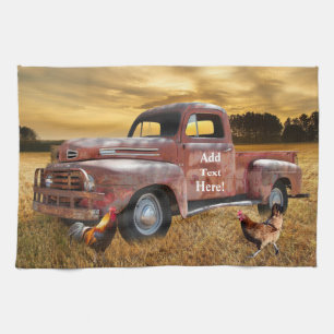 Linge De Cuisine Antique Red Truck Roster poule Farm Field Sunset