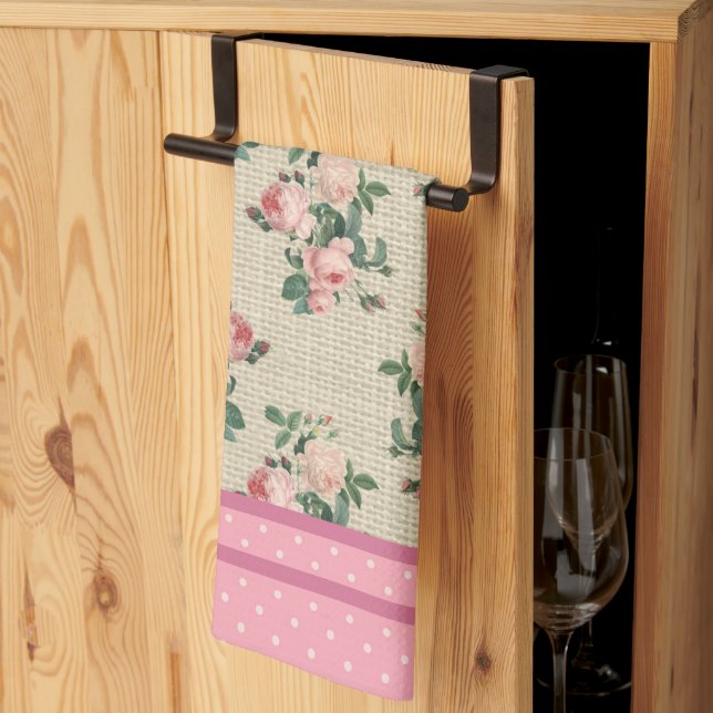 Linge De Cuisine Antique Roses et Pois roses (Pliage en tiers)