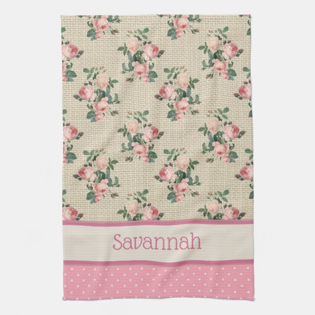 Linge De Cuisine Antique Roses et Pois roses (Vertical)