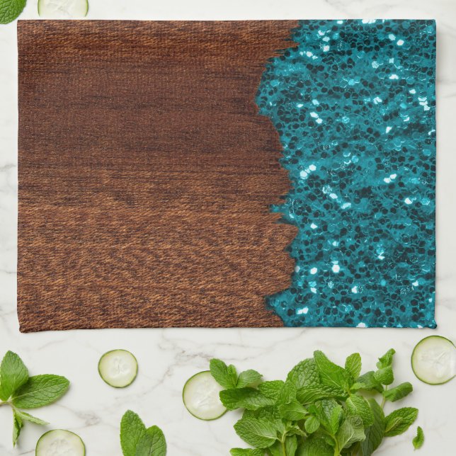 Linge De Cuisine Aqua bleu étincelle bois brun rustique (Plié)