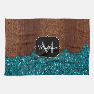 Linge De Cuisine Aqua bleu étincelle bois brun rustique Monogramme