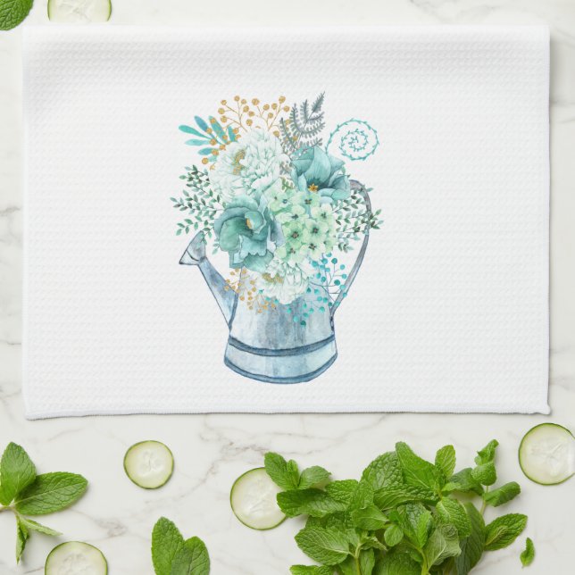 Linge De Cuisine Aqua Blue Hydrangea Waters can Ferme Floral (Plié)