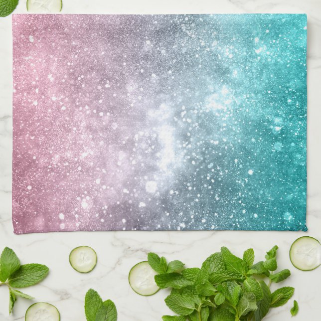 Linge De Cuisine Aqua blue Pink ombre mer galaxie abstraite (Plié)