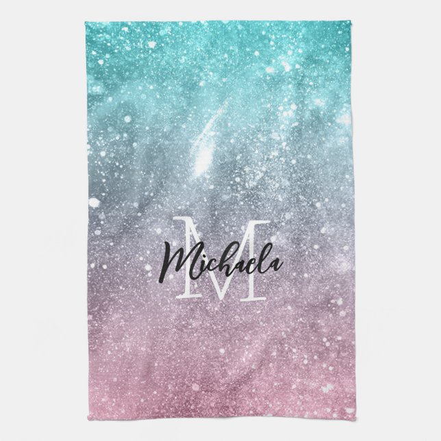 Linge De Cuisine Aqua blue Pink ombre mer galaxie abstraite Monogra (Vertical)
