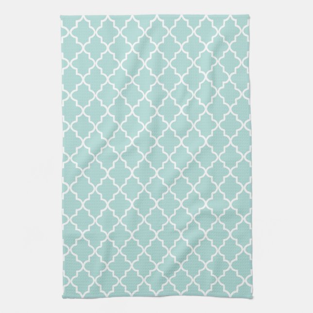 Linge De Cuisine Aqua moderne et Motif Quatrefoil Marocain blanc (Vertical)