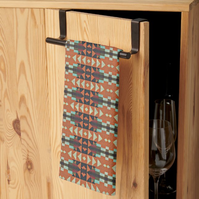 Linge De Cuisine Aqua Turquoise Vert Orange Taupe Beige Tribal Art (Pliage en tiers)