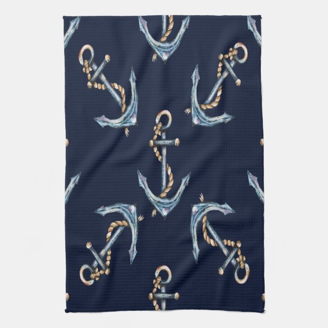 Linge De Cuisine Aquarelle Ancres Bleu marine (Vertical)