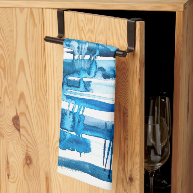 Linge De Cuisine Aquarelle bleu art abstrait (Pliage en tiers)