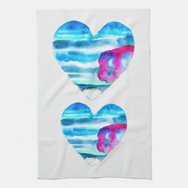 Linge De Cuisine Aquarelle bleu coeur mignon (Vertical)