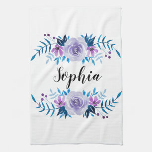 Linge De Cuisine Aquarelle bleu violet couronne florale Texte perso