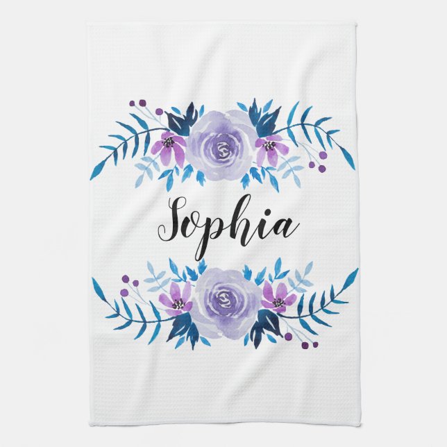 Linge De Cuisine Aquarelle bleu violet couronne florale Texte perso (Vertical)