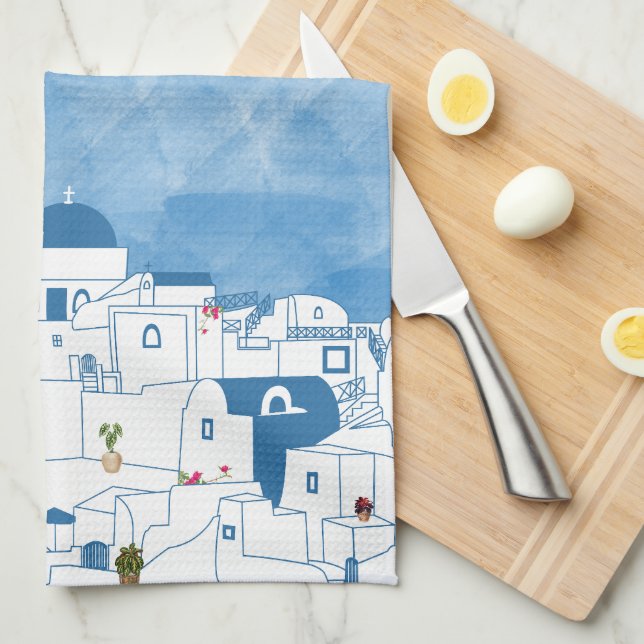 Linge De Cuisine Aquarelle bleue et blanche Santorin Grèce (Quart Plié)