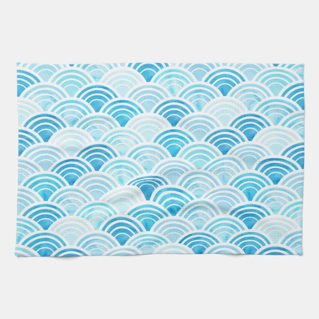 Linge De Cuisine Aquarelle bleue Seigaiha Waves Motif (Horizontal)