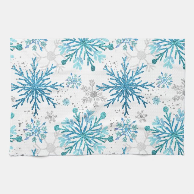 Linge De Cuisine Aquarelle Blue & Silver Parties scintillant Winter (Horizontal)