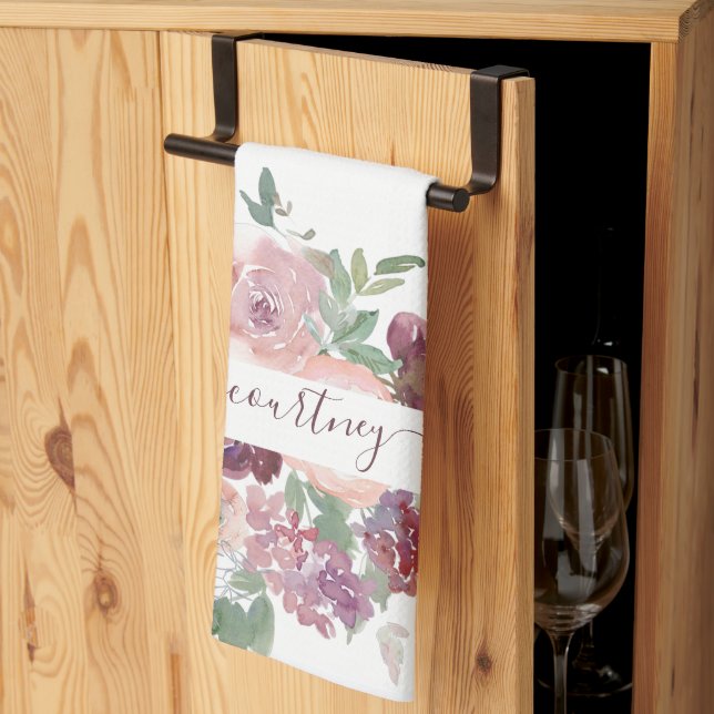 Linge De Cuisine Aquarelle Bourgogne et rose florale personnalisée (Pliage en tiers)
