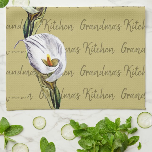 Linge De Cuisine Aquarelle Calla Lily Motif texte personnalisé (Plié)