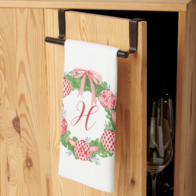 Linge De Cuisine Aquarelle Chinoiserie Wreath Noël Monogramme (Pliage en tiers)
