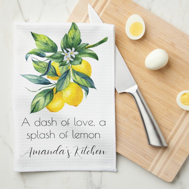 Linge De Cuisine Aquarelle Citron Personnalisé  (Quart Plié)