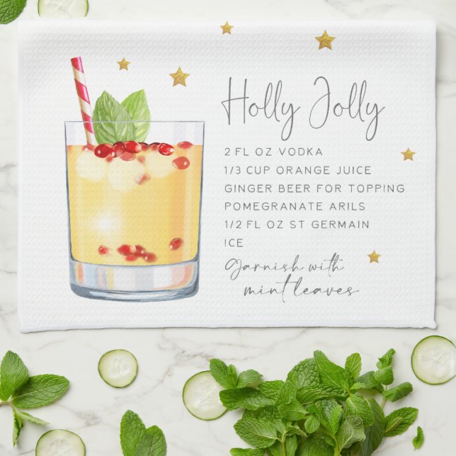 Linge De Cuisine Aquarelle Cocktail de Noël Holly Jolly Recette (Plié)
